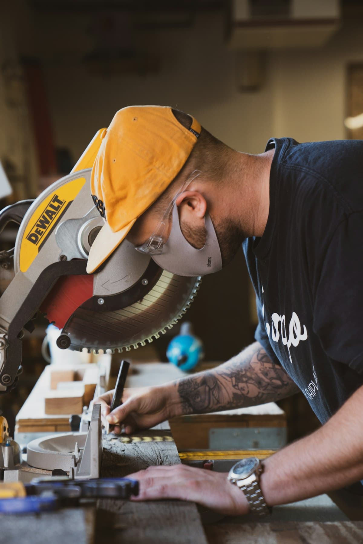 Portable power tool in use on a workbench